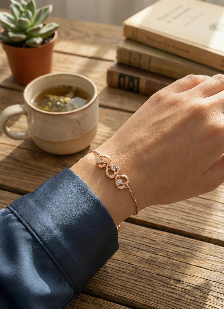 Astra Jewels Rose Gold Triple Heart Crystal Adjustable Bracelet for Women