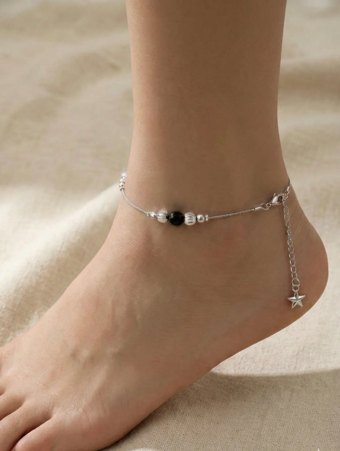 Astra Jewels Silver Bead & Star Anklet (Pair) for Women