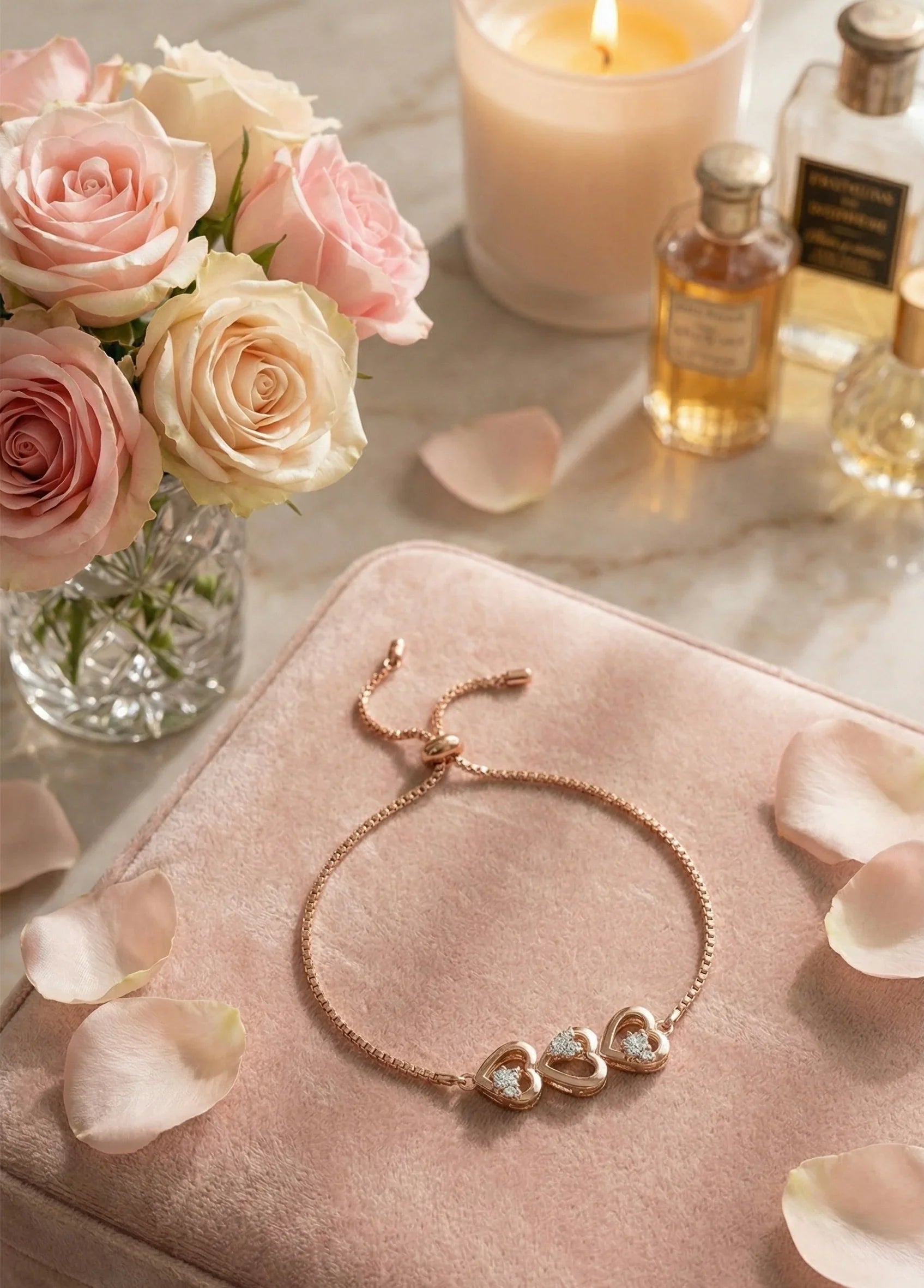 Astra Jewels Rose Gold Triple Heart Crystal Adjustable Bracelet for Women