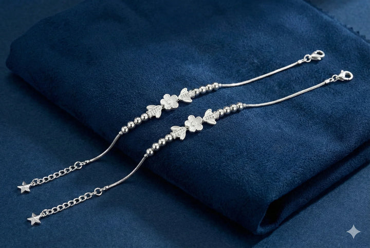 Astra Jewels Silver Butterfly Flower Anklet (Pair) for Women