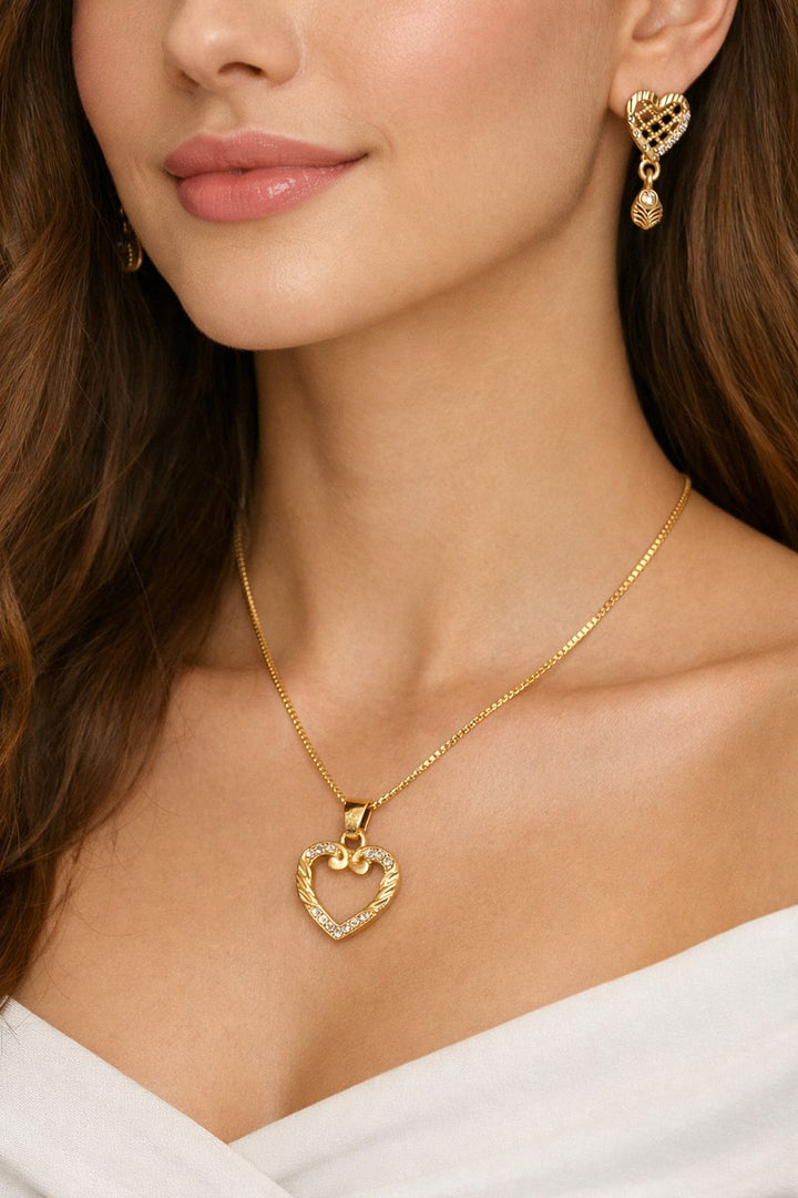 Golden Heart Crystal Pendant Necklace with Matching Earrings Set