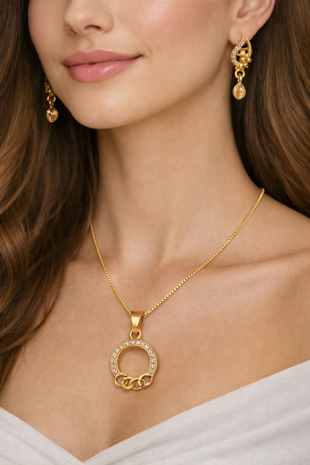 Elegant Gold-Plated Circular Pendant Necklace Set with Designer Earrings