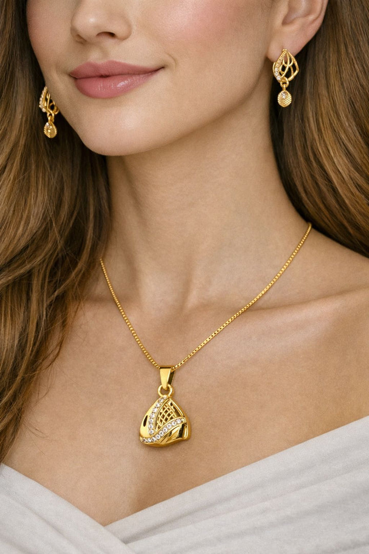 Elegant Triangle Gold Pendant Set with Earrings