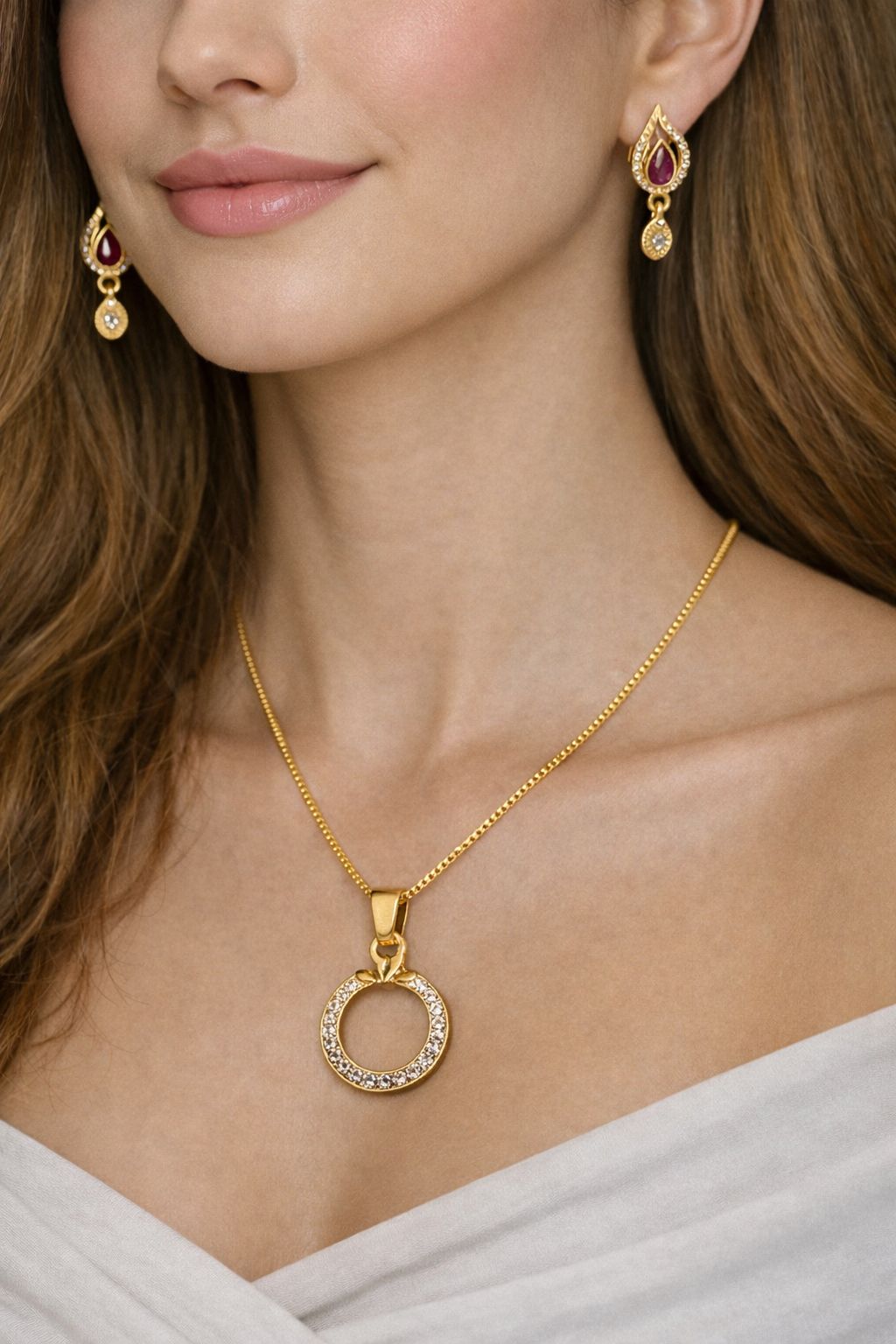 Elegant Ruby Drop Gold Plated Necklace & Earring Set