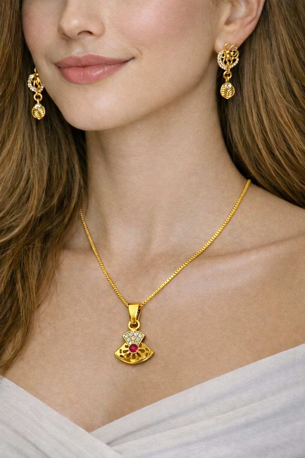 Elegant Ruby Gold-Plated Pendant Set for Women (Necklace & Earrings)