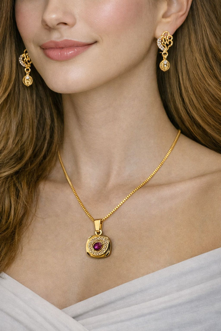 Elegant Ruby Glow Gold-Plated Pendant Set